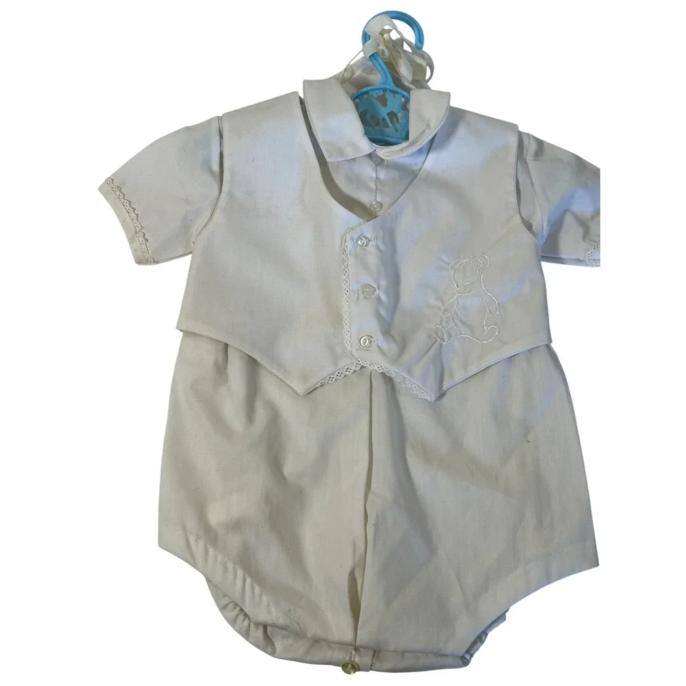Baby Christening Outfit Romper Bonnet White Bear Embroidery 3-6‎ Months